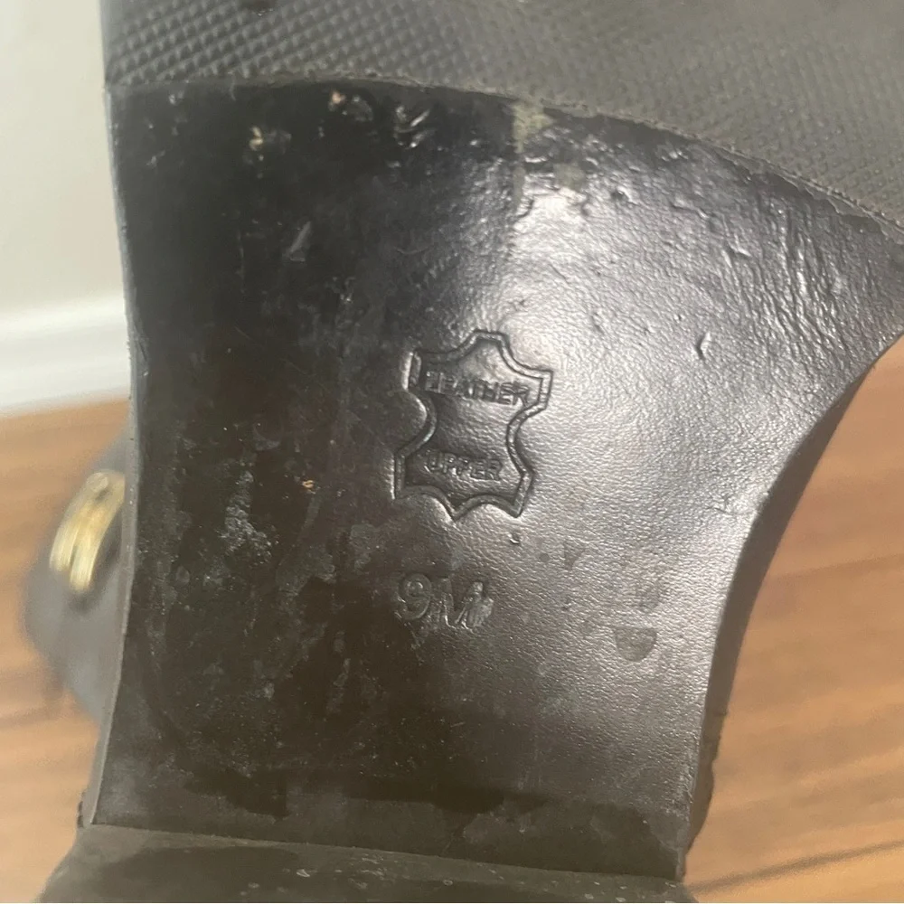 Tory Burch black grained leather riding boots zip up knee high boots vintage